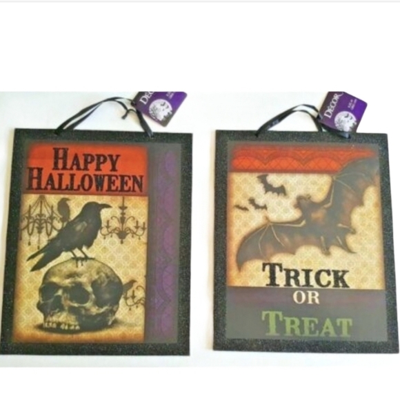 Halloween Decor Wall Sign Plaque Picture Set 2